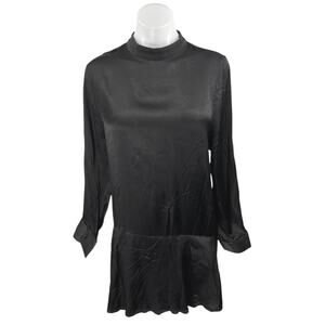 NEUW Black Silk Satin Long Sleeve Mock Neck Cutout Ruffle Mini Shift Dress Sz S